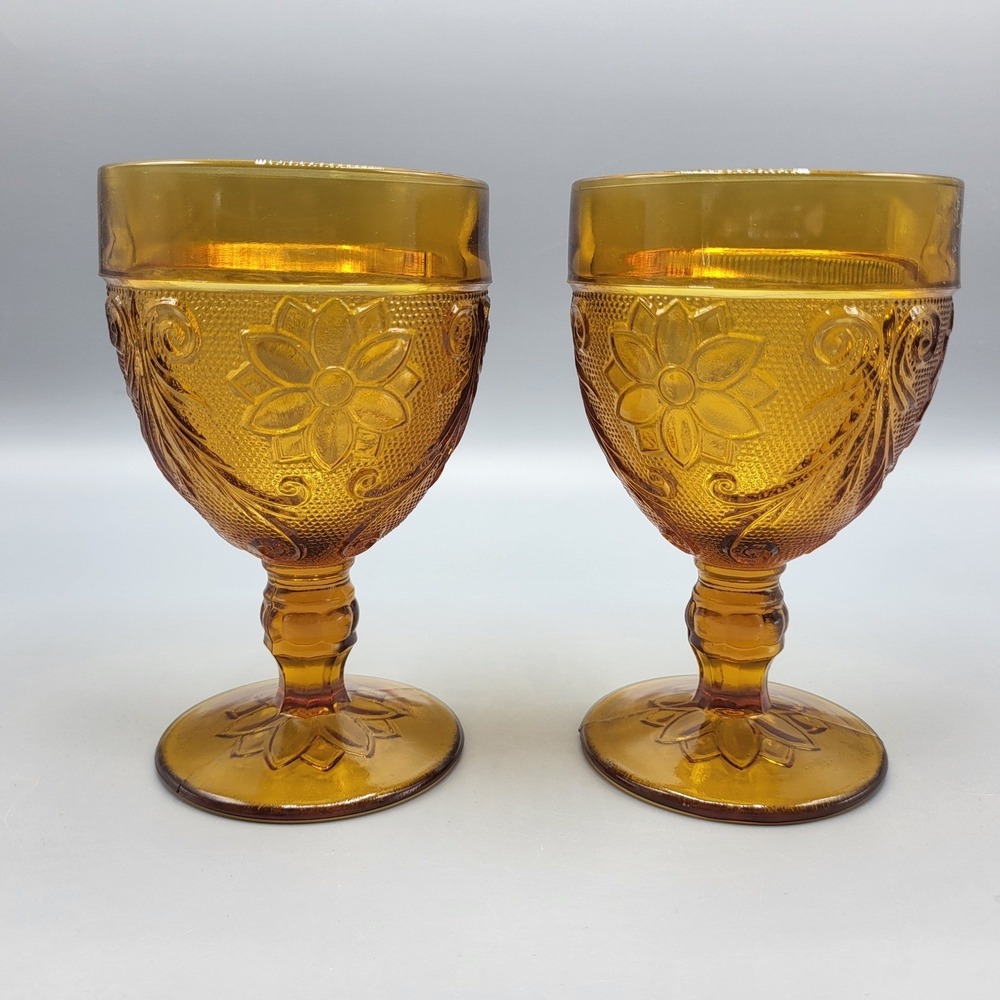 Vintage Tiara Sandwich Amber Floral Glass Goblets Set of 2 Water Wine Chalice
